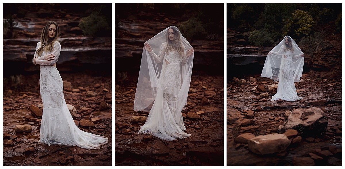 desert bride with rocks behind her at her sedona elopement