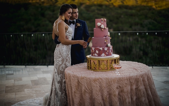 Bride and Groom cutting dusty rose cake on their wedding day at Antonia Villa wedding.