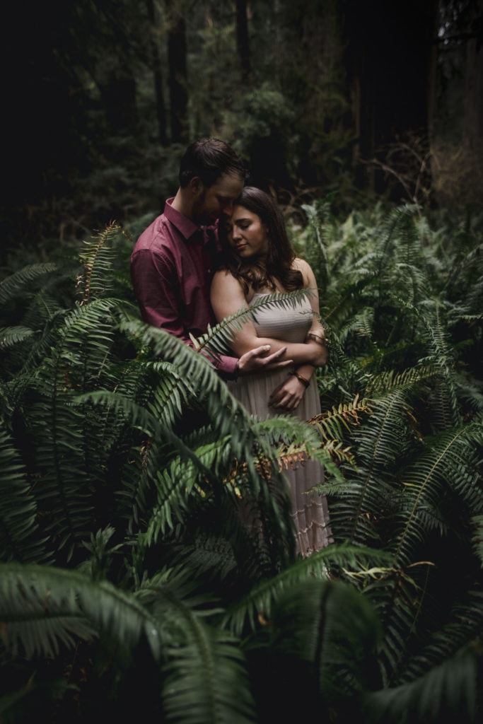 couple on their honeymoon in the North California forest.