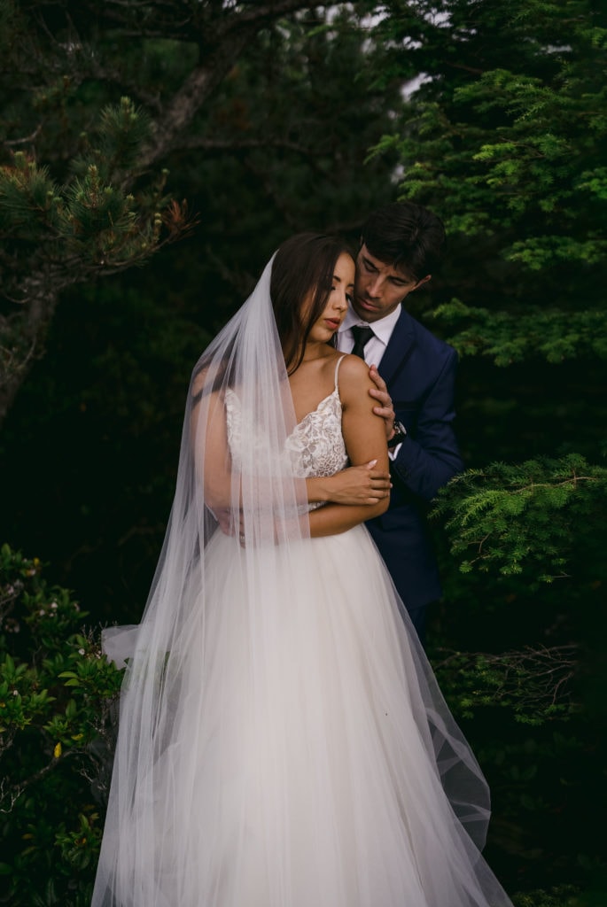 A bride and groom in an intimate moment at their Asheville wedding venues.