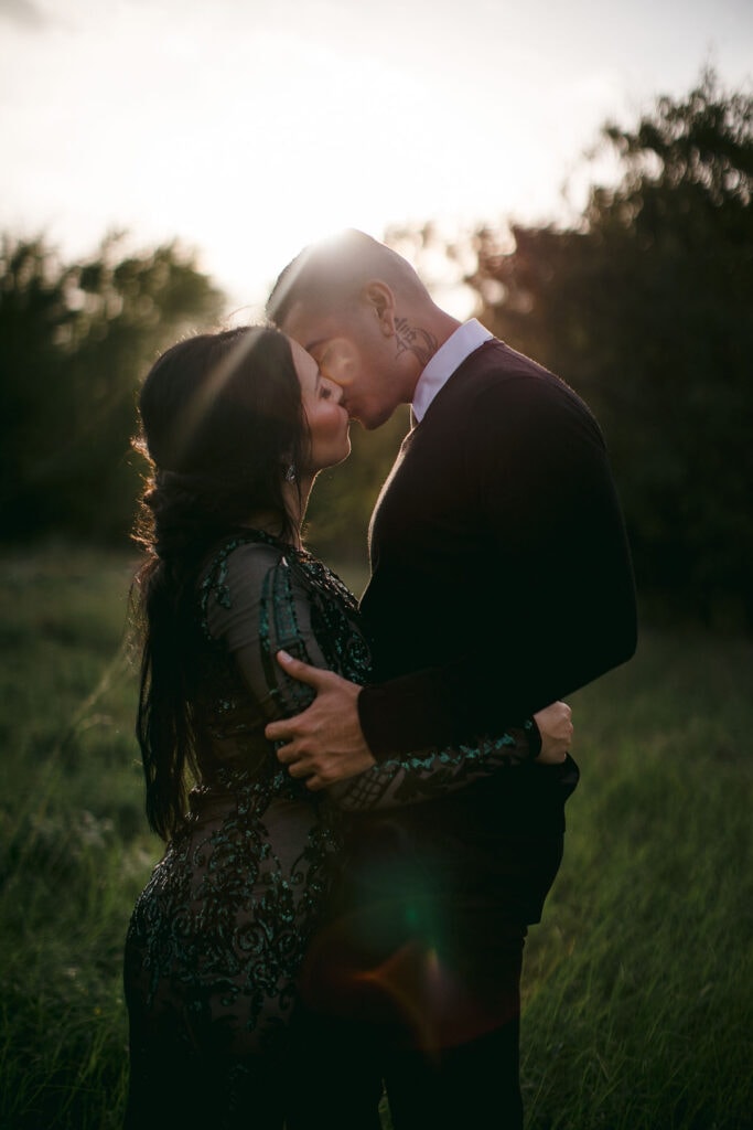 Emerald green engagement photoshoot dresses always look beautiful in a forest. 